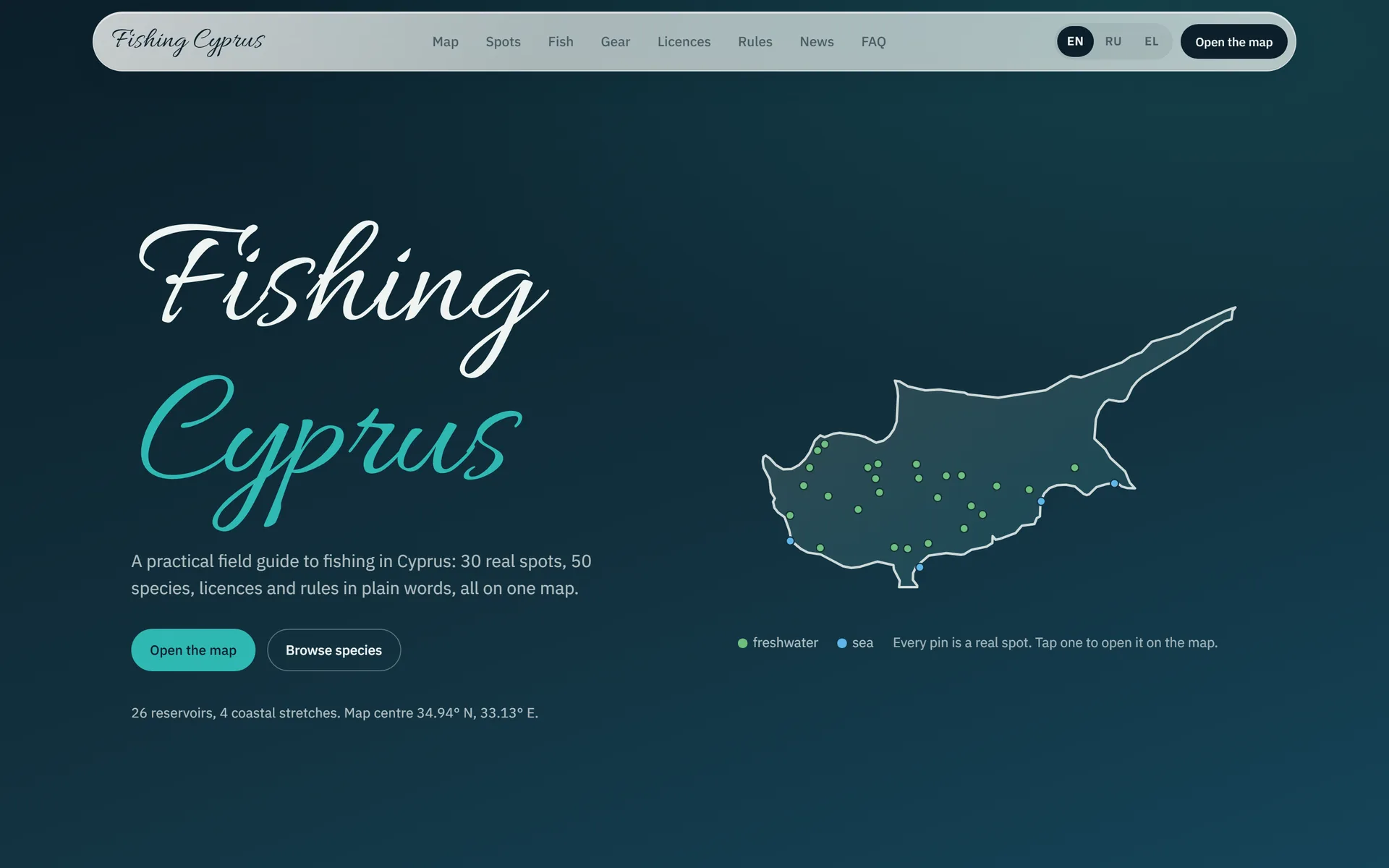 Fishing Cyprus website: dark teal background, the words Fishing Cyprus in white and turquoise script, and an outline map of Cyprus dotted with fishing spots.