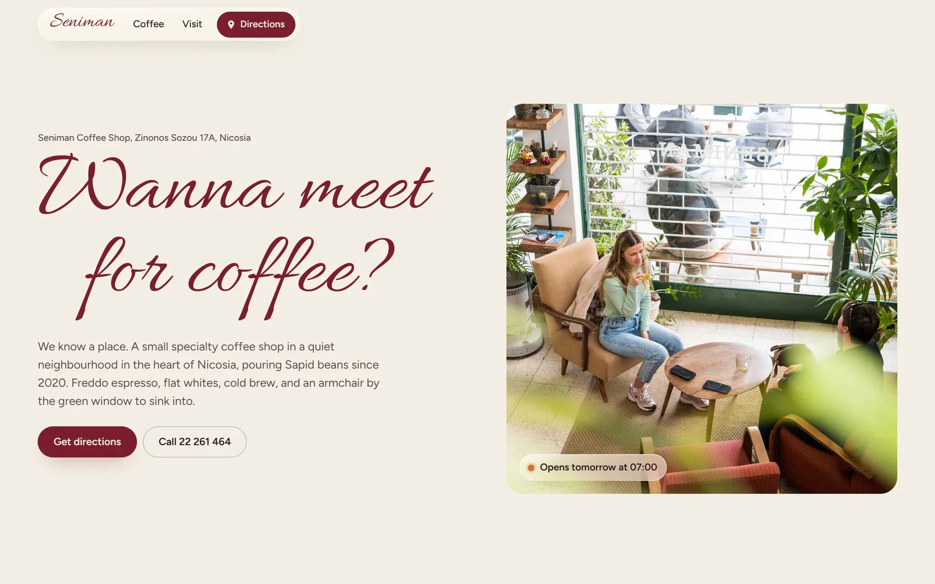 SENIMAN coffee shop website concept: the headline "Wanna meet for coffee?" in deep red script beside a photo of a customer in an armchair by a green window.